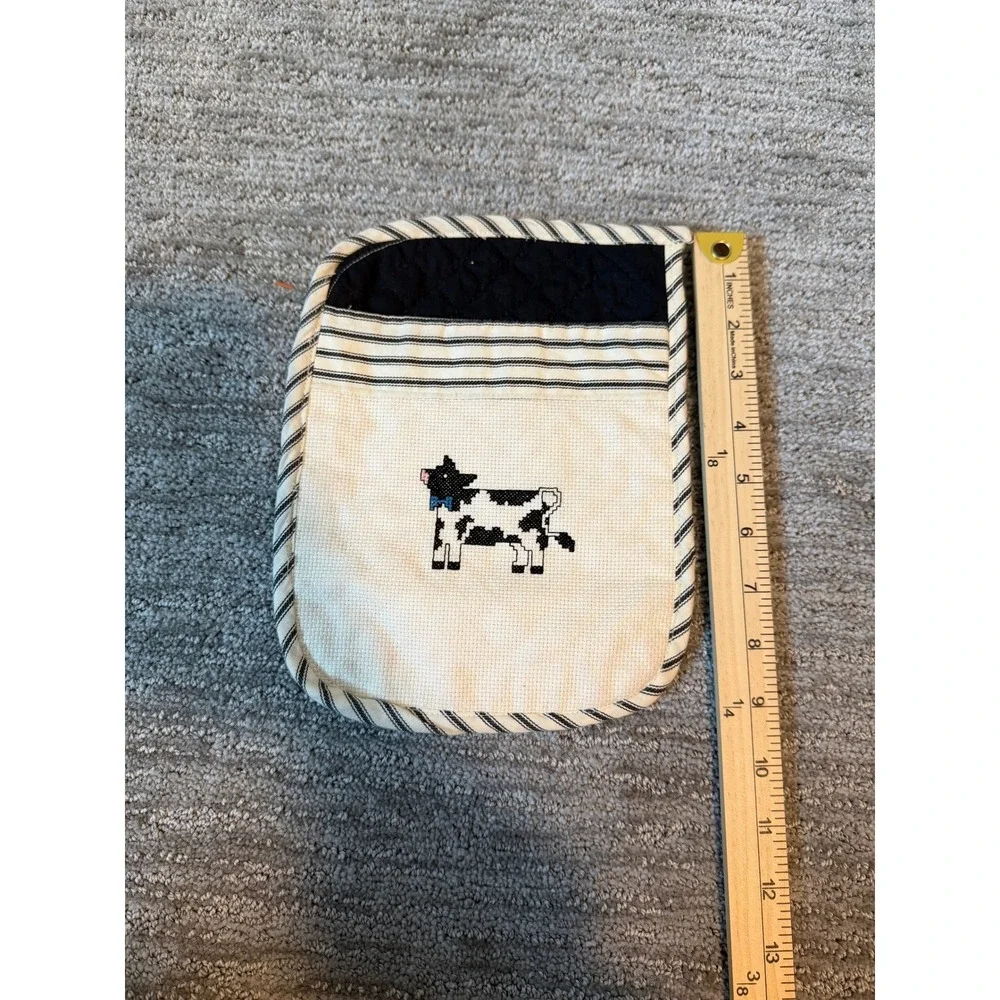 Handmade Cross Stitch Cow Quilted Pot Holder Cream Black Striped Farmhouse Decor